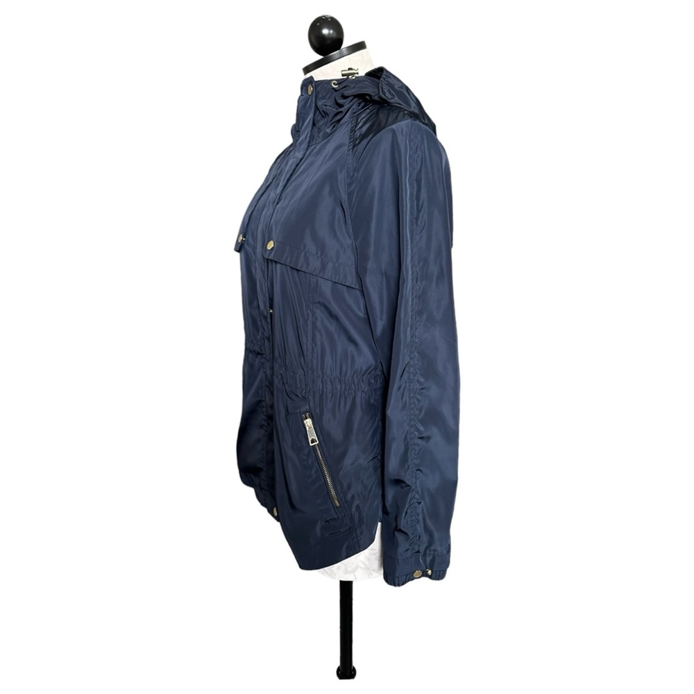 Zara Navy Blue Rain Jacket Hooded Full Zip Gold Tone Zippers & Snaps Size Medium - Picture 7 of 16